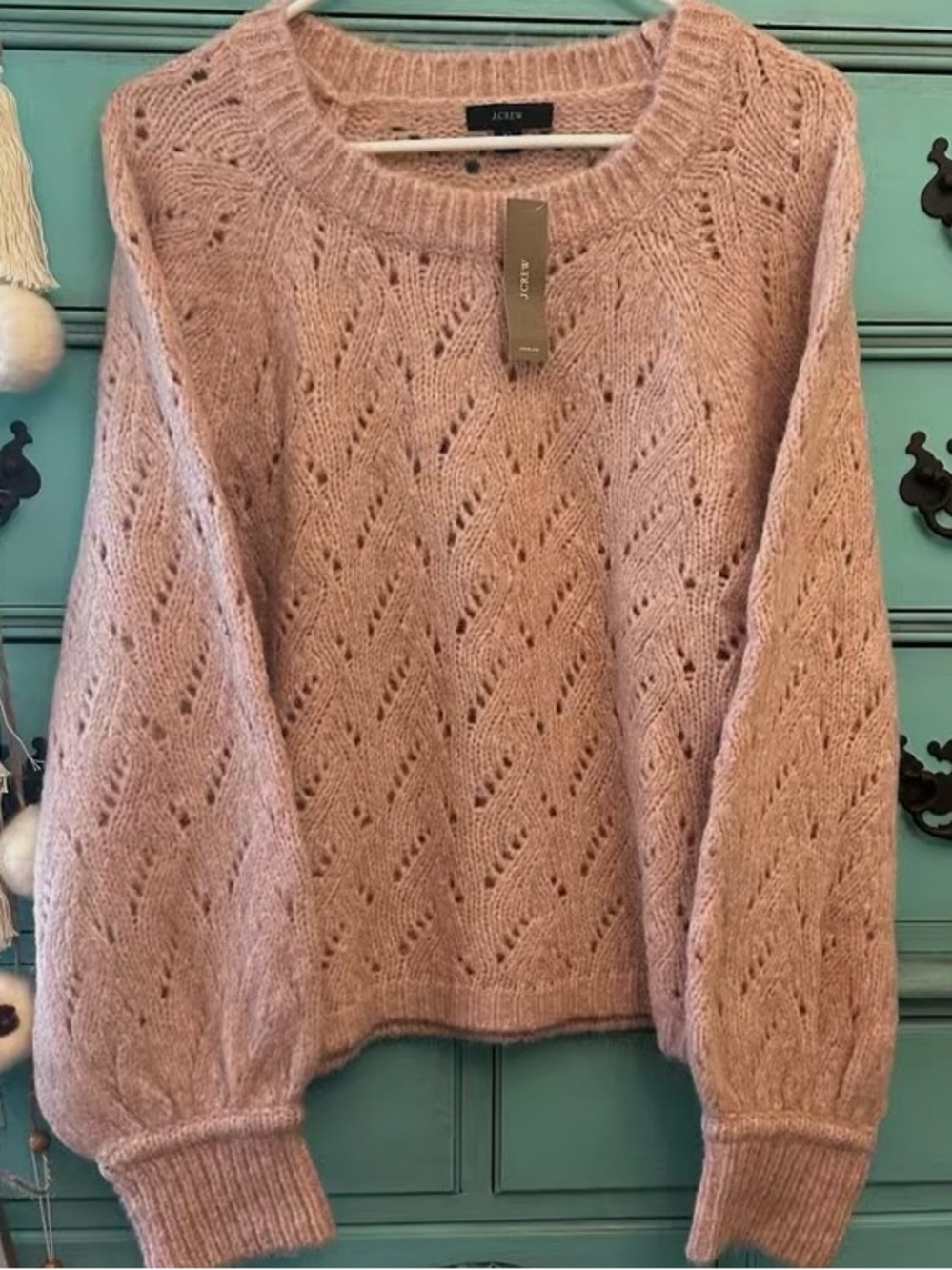 NWT J.Crew Pointelle Crewneck Sweater Balloon Bubble Sleeve Pink XL